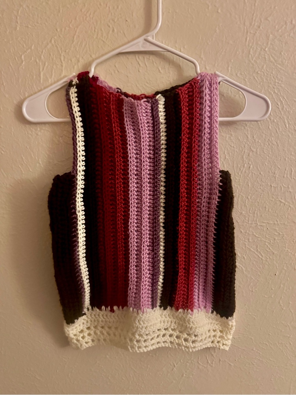 Handmade Striped Crochet Tank Top in Burgundy, Pink & White